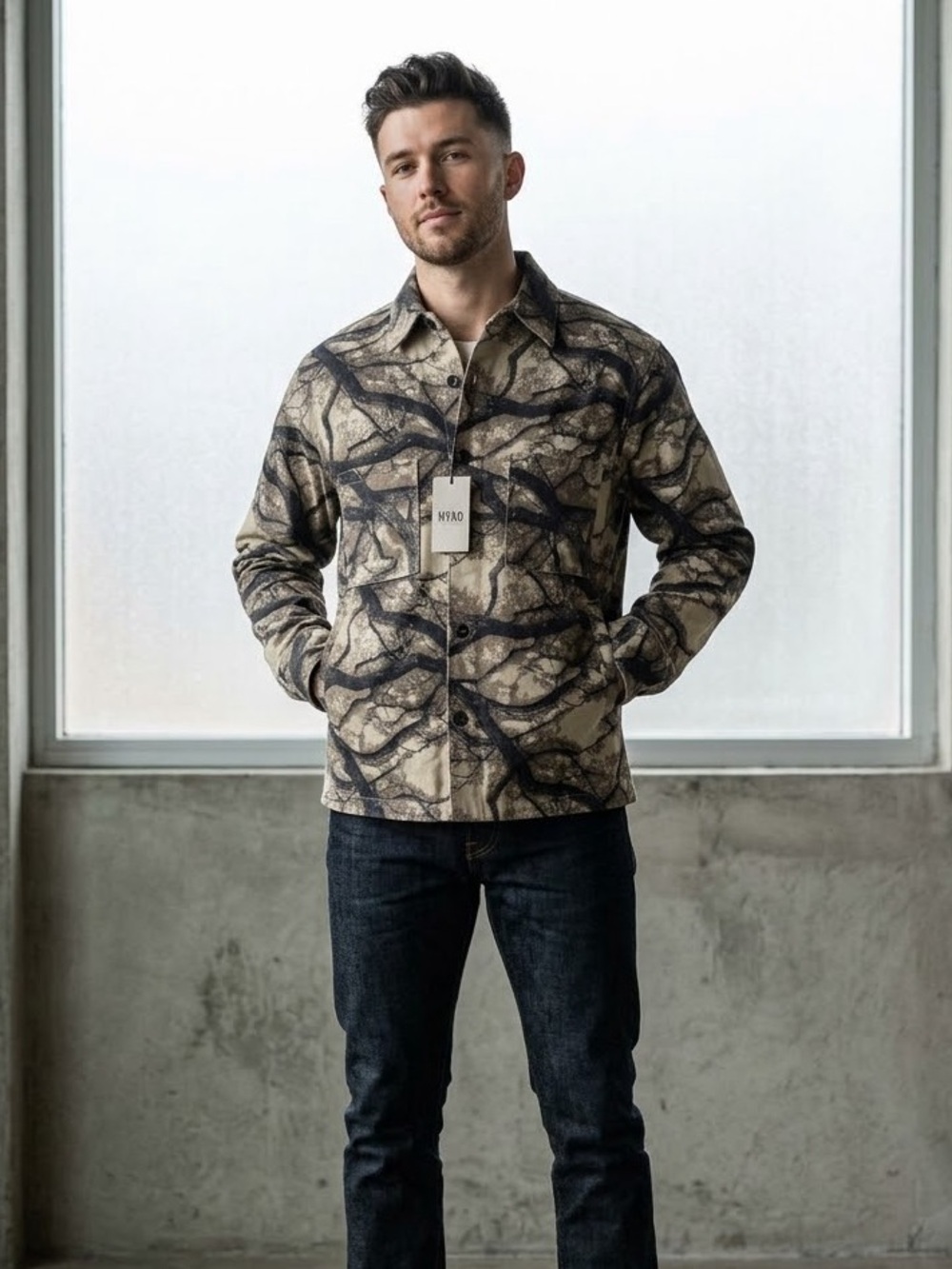 Men's Casual Button-Down denim Shirt in Beige with Black Branch Print